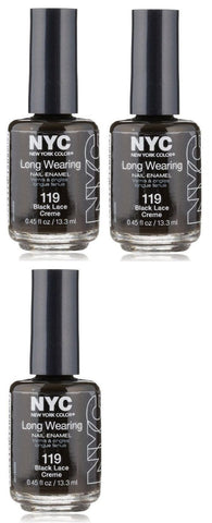 Lot Of 3 - Nyc Long Wearing Nail Polish #119 Black Lace Creme, Nail Polish, NYC, makeupdealsdirect-com, [variant_title], [option1]