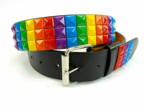 Three Row Rainbow Studded Pyramid Belt LBGT Bonded Leather Punk Rock colorful