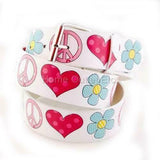 Love & Peace Signs Printed Leather Belt Hearts Flowers Hippie 60s Symbol Vintage