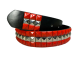  3-Row Metal Pyramid Studded Leather Belt 2-Tone Striped Punk Rock Goth Emo Biker, , reddonut.com, reddonut.com